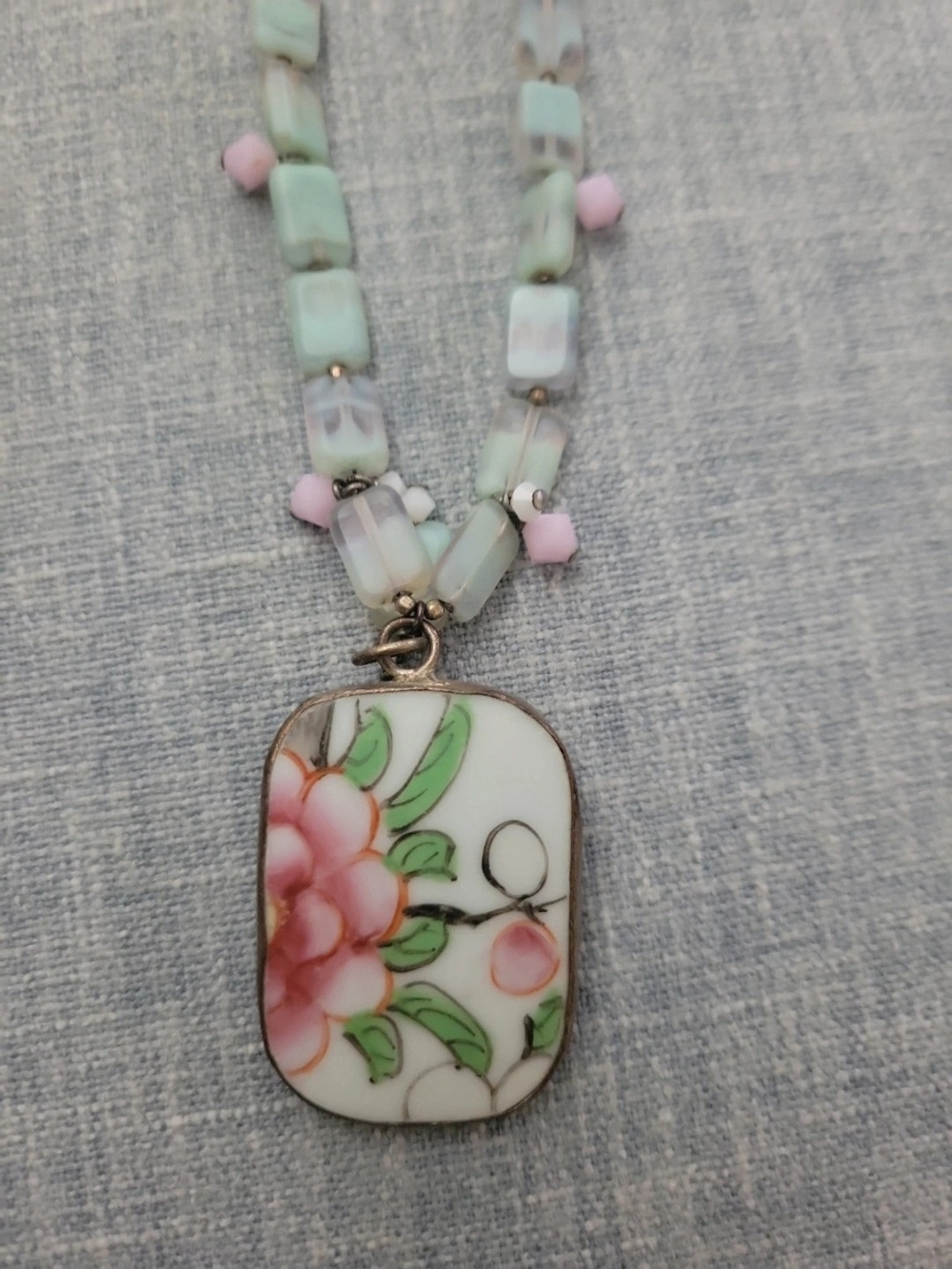 Porcelain Floral Pendant Necklace in Pink and Mint